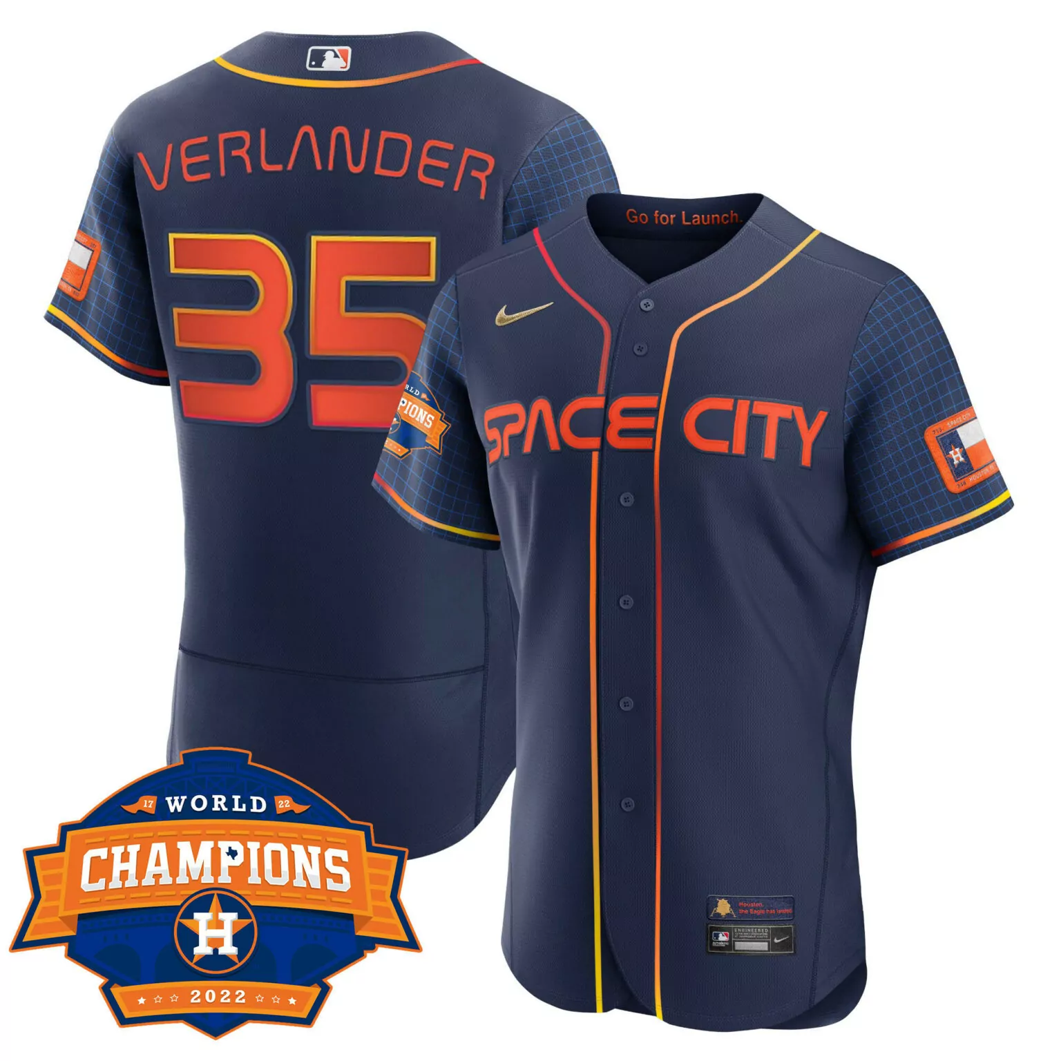 Justin Verlander 35 Jersey Navy Space City Houston Astros World Series Champions 2022 Texas Flag
