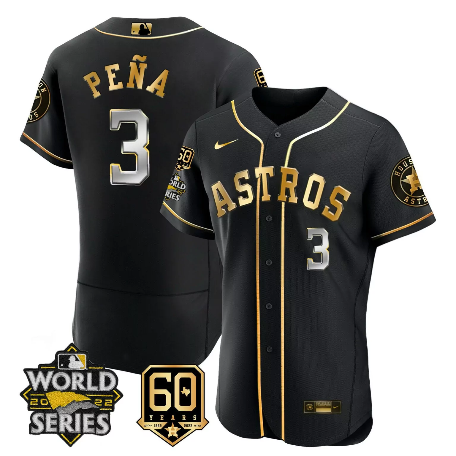 Jeremy Pena 3 Astros Jersey Black World Series 2022 60 Years Men Gold Flex All Stitched