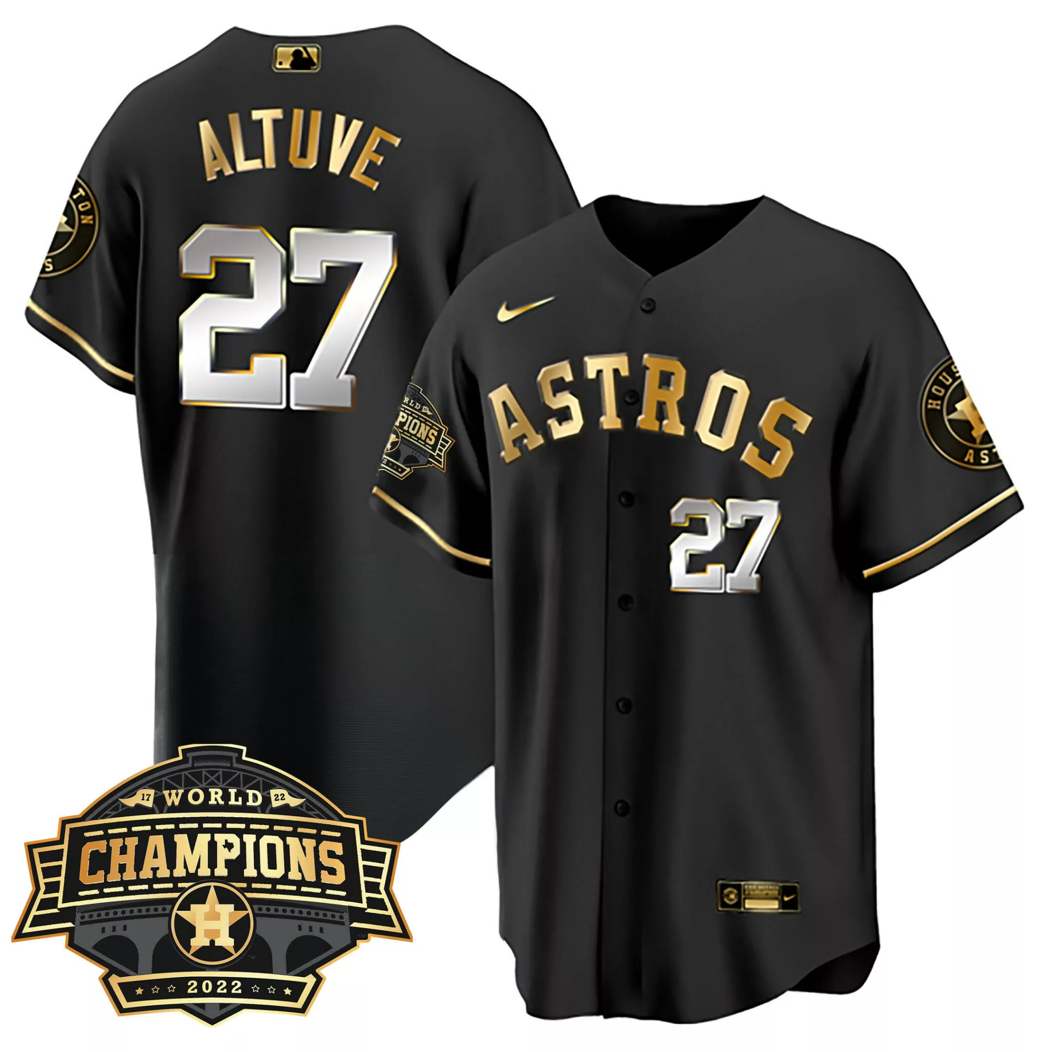 Jose Altuve 27 Astros Jersey Black World Series Champions 2022 Men Gold Silver Cool