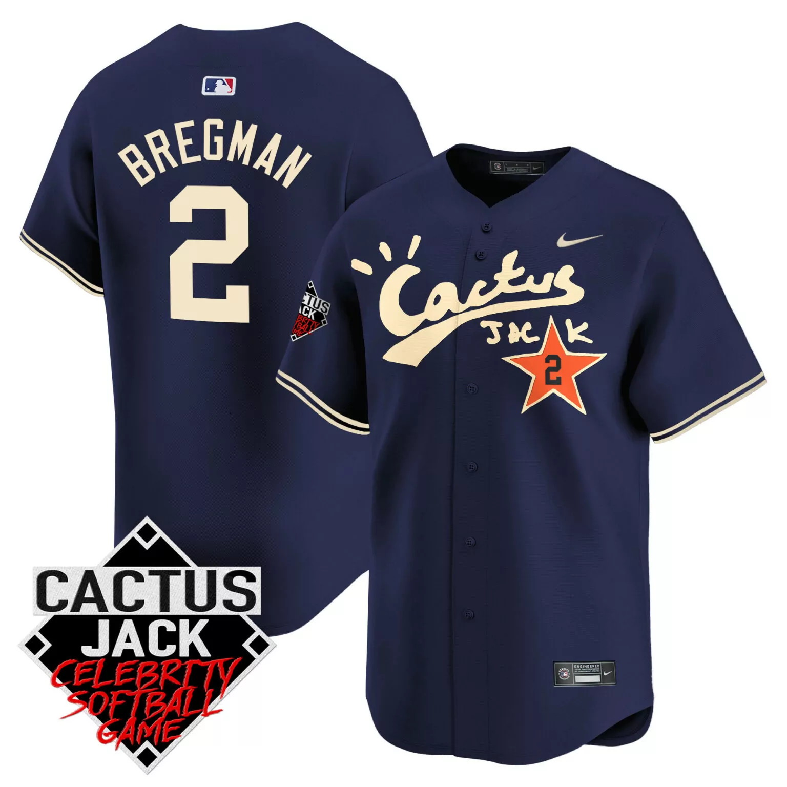 Alex Bregman 2 Houston Astros Jersey Navy Cactus Jack Men Cream Orange Game v2 Stitched