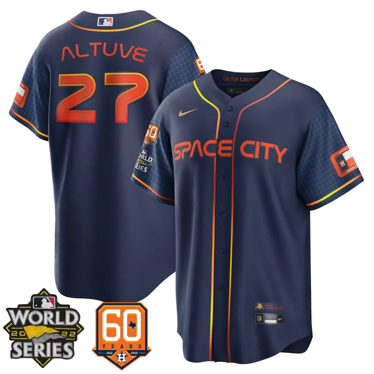 Jose Altuve 27 Houston Astros Jersey Navy Blue Space City World Series 2022 Men Split Design