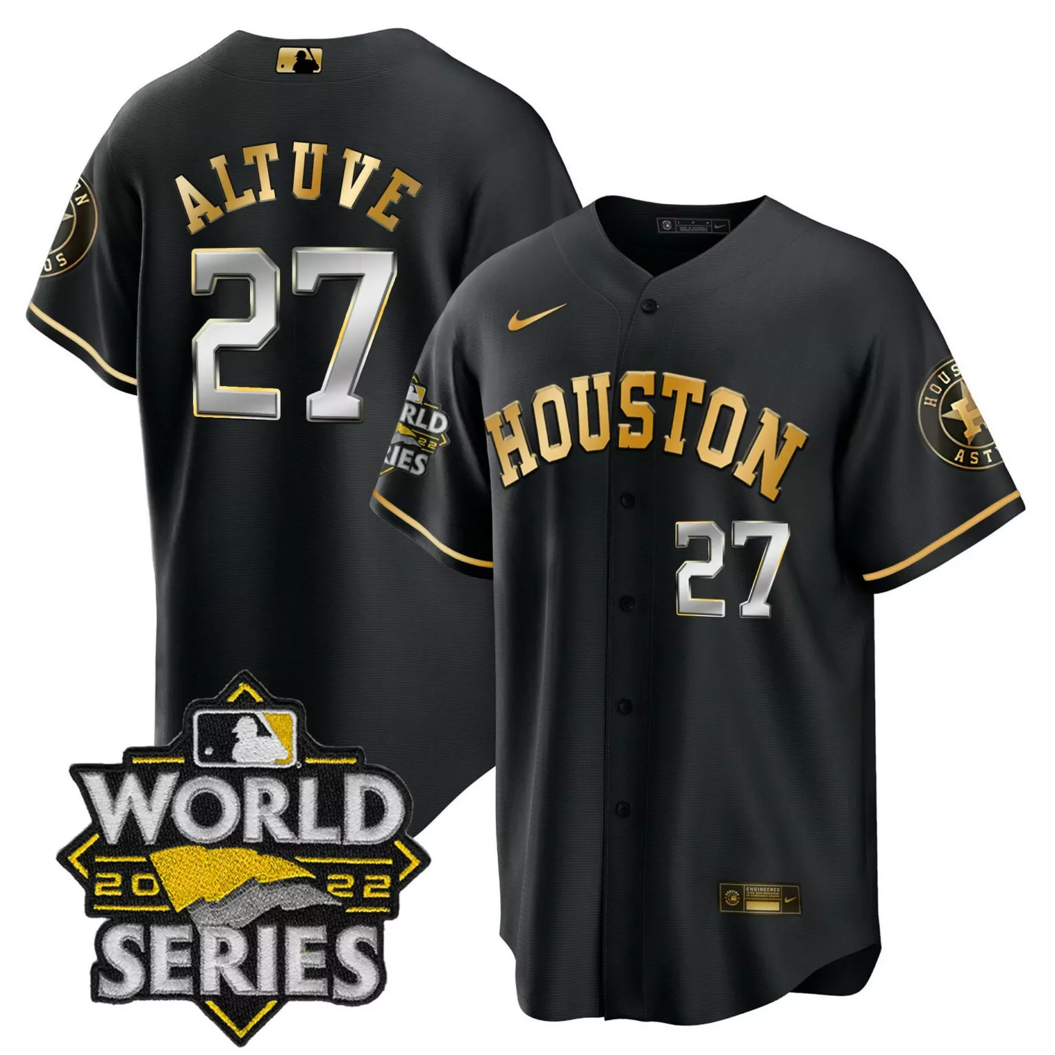 Jose Altuve 27 Houston Astros Jersey Black World Series 2022 Men Gold Silver Cool