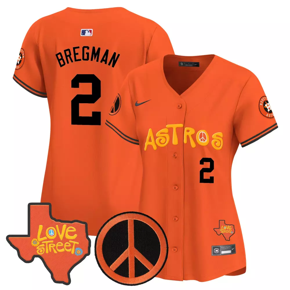 Alex Bregman 2 Astros Jersey Orange Love Street Texas Peace Sign Men Black Yellow