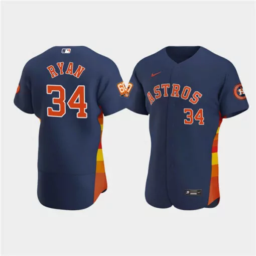 Nolan Ryan 34 Astros Jersey Navy Men Alternate Split Design Orange Yellow Red Anniversary