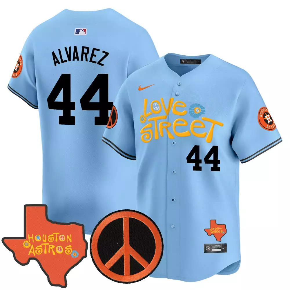 Alex Bregman 44 Houston Astros Jersey Light Blue Love Street State Shape Peace Sign