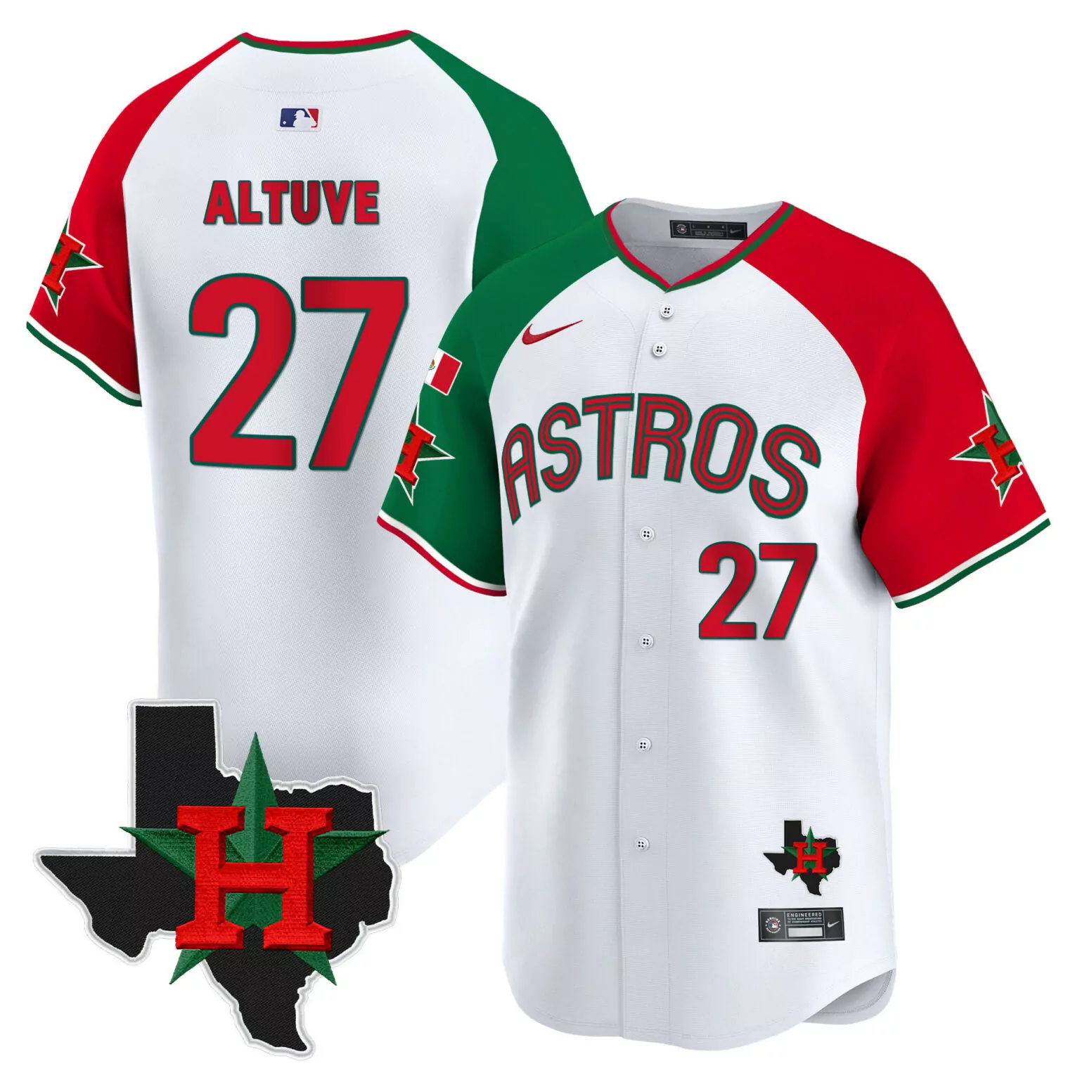 Jose Altuve 27 Astros Jersey White Texas Shape Star Men Split Design Green Red Alternate