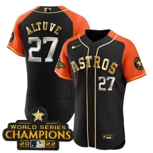 Jose Altuve 27 Astros Jersey Black World Series Champions 2022 Men MLB Orange Gold