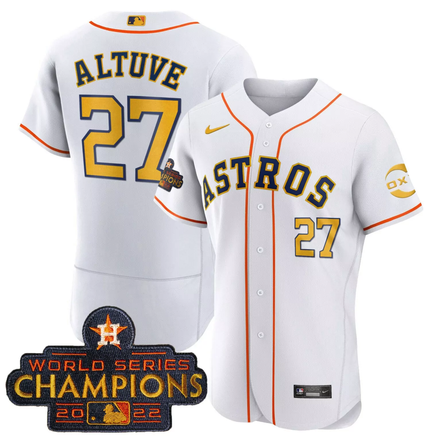 Jose Altuve 27 Astros Jersey White World Series Champions 2022 Men Orange Navy Gold