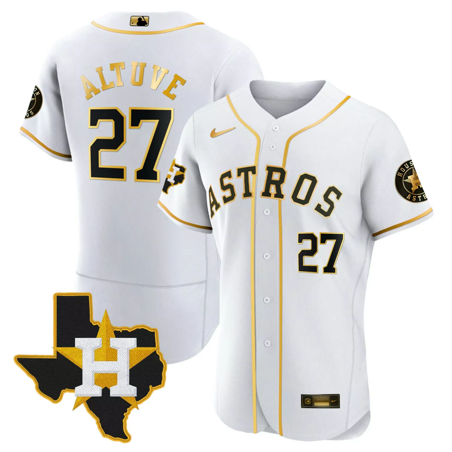 Jose Altuve 27 Astros Jersey White Texas Star Men Gold Black Flex All Stitched
