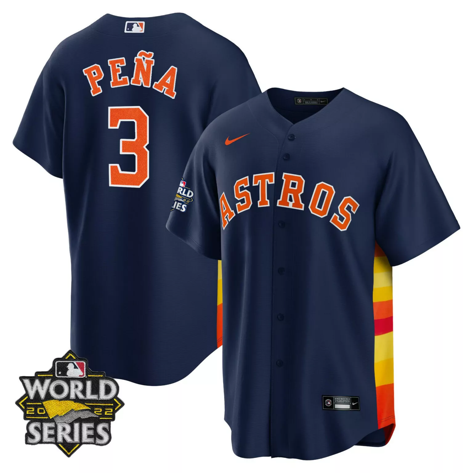 Jeremy Pena 3 Astros Jersey Navy World Series 2022 Men Split Design Orange Yellow