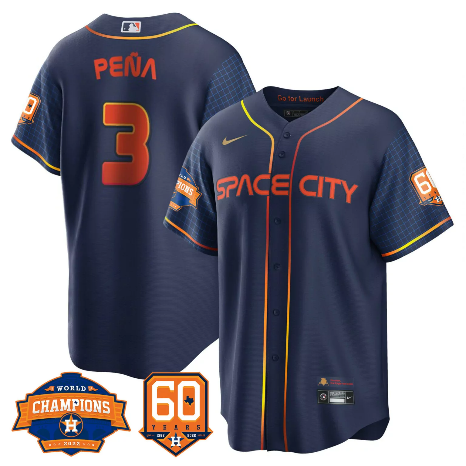 Jeremy Pena 3 Astros Jersey Navy Space City World Series Champions 2022 60 Years 1962-2022