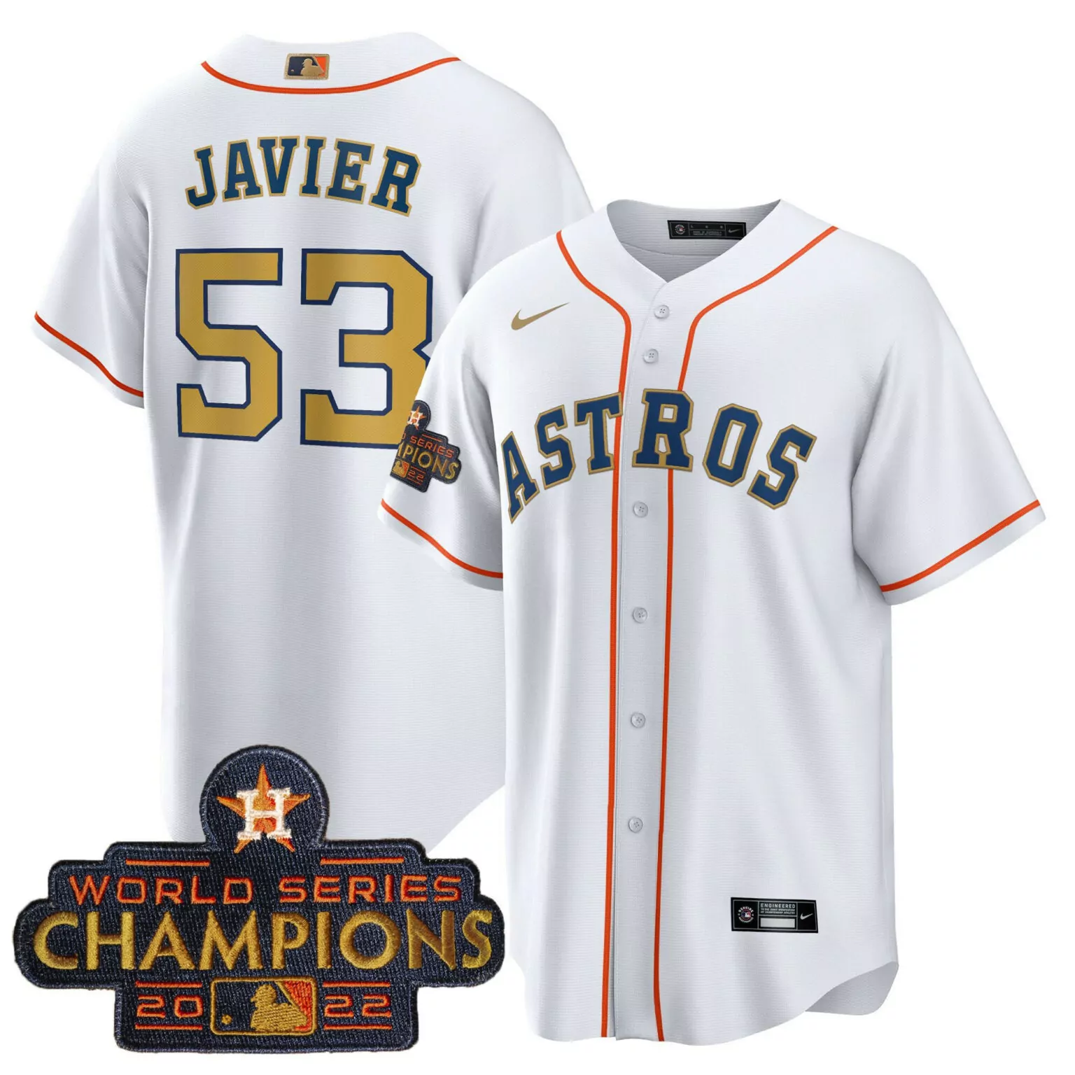 Cristian Javier 53 Astros Jersey White World Series Champions 2022 Men Orange Navy