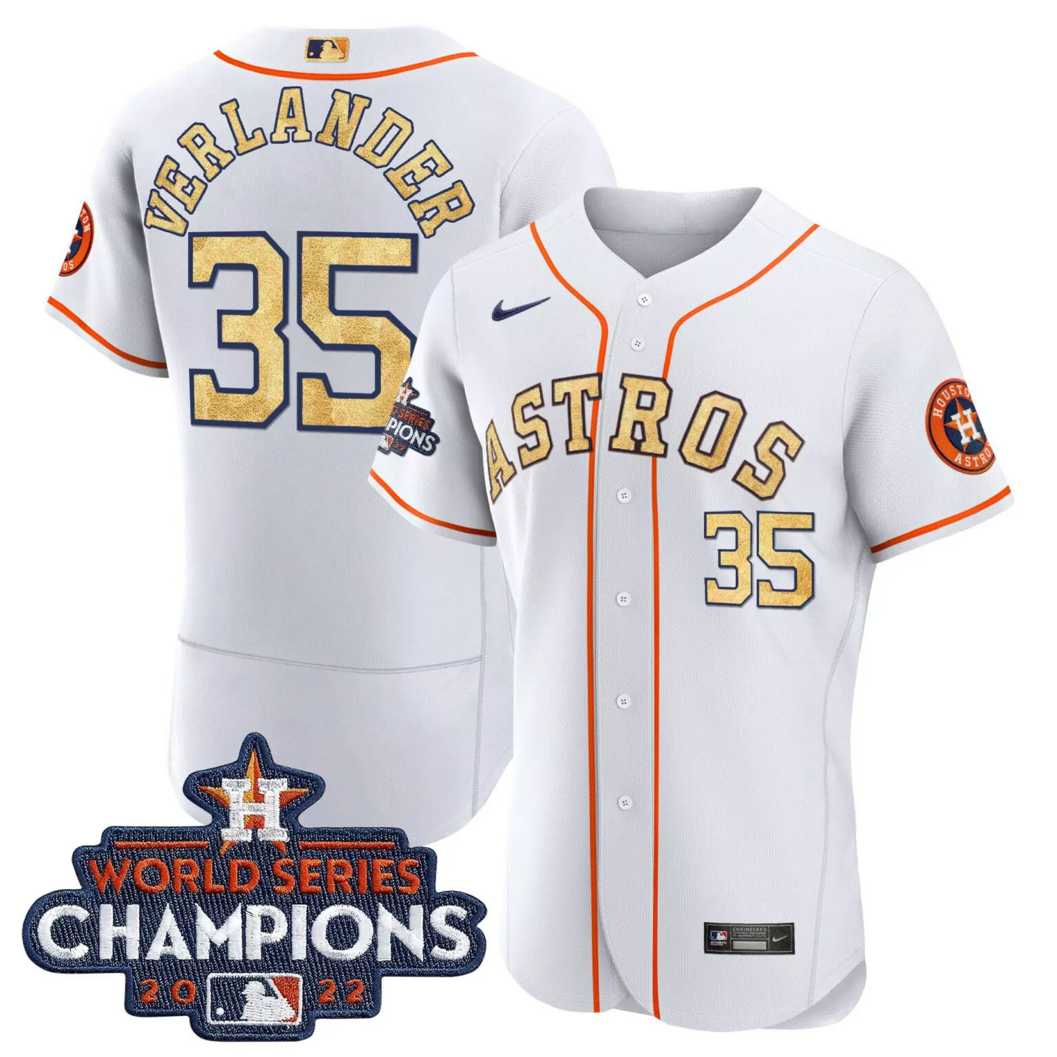 Justin Verlander 35 Astros Jersey White World Series Champions 2022 Men Orange Gold