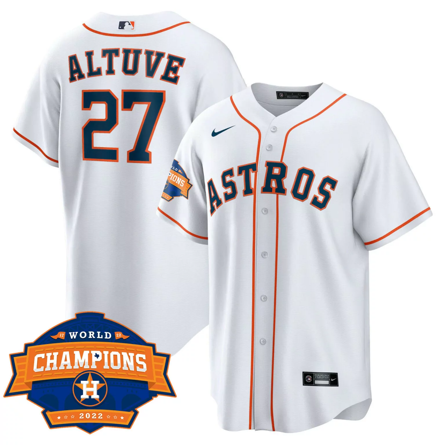 Jose Altuve 27 Astros Jersey White World Series Champions 2022 Men Orange Navy Cool