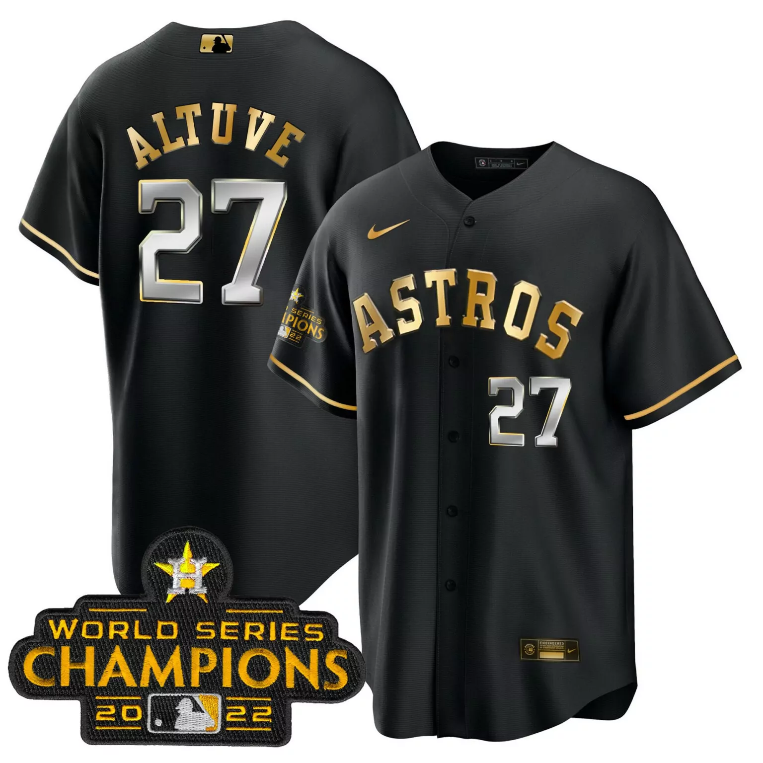 Jose Altuve 27 Astros Jersey Black World Series Champions 2022 Men Gold Silver Collection
