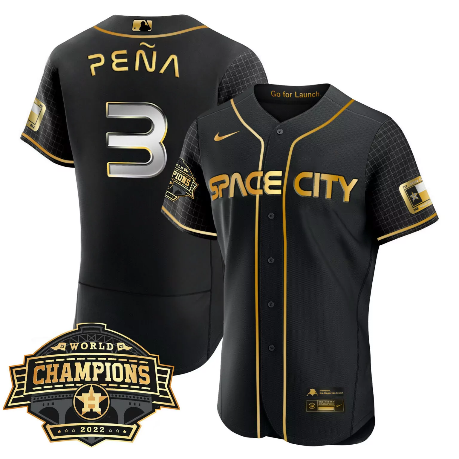 Jeremy Pena 3 Space City Jersey Black World Series Champions 2022 Men Gold Flex All