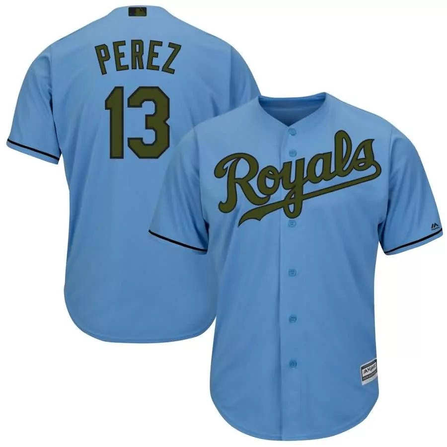 Salvador Perez 13 Royals Jersey Light Blue Men Olive Green Black Alternate Cool Base