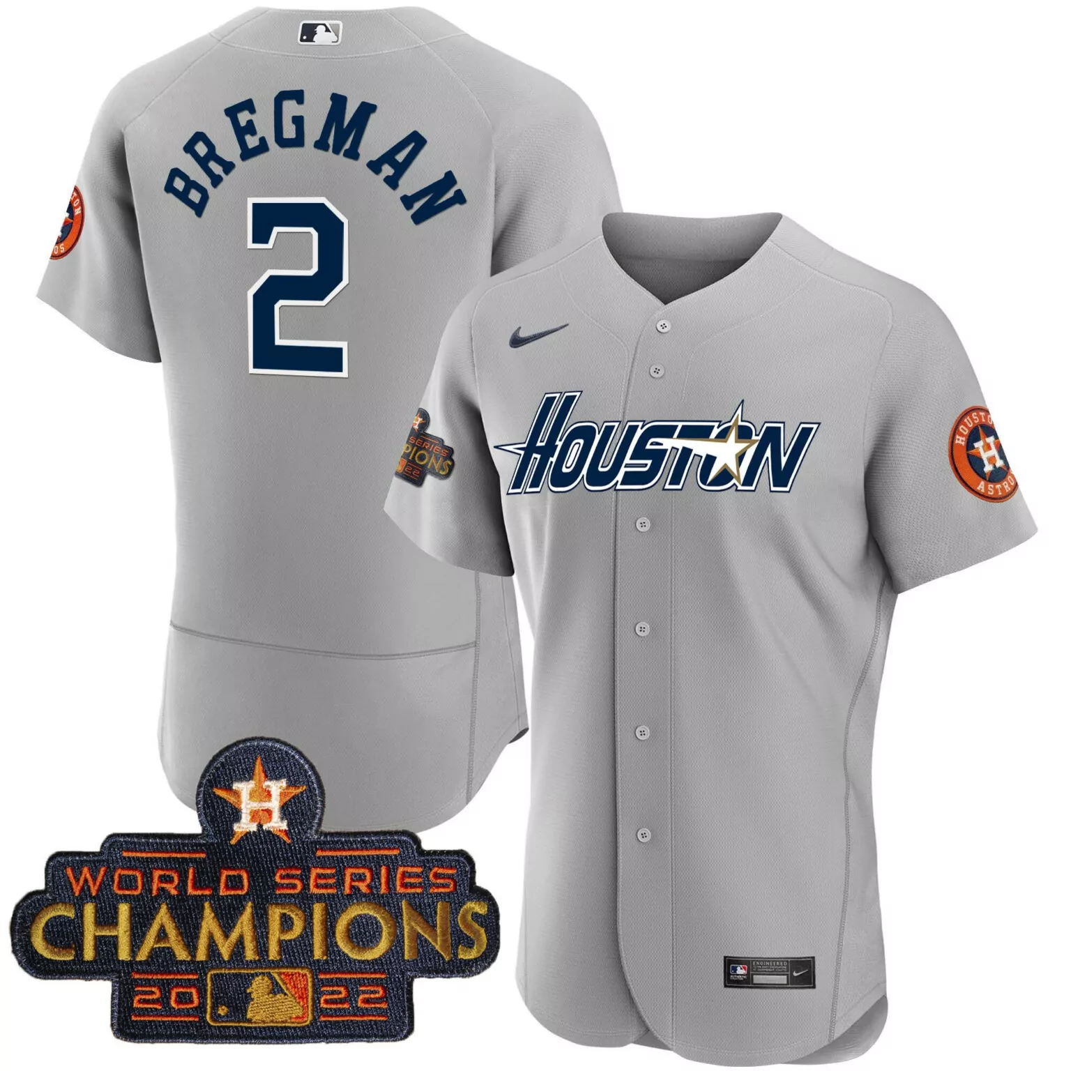 Alex Bregman 2 Houston Astros Jersey Gray 2022 World Series Champions Men Navy Orange