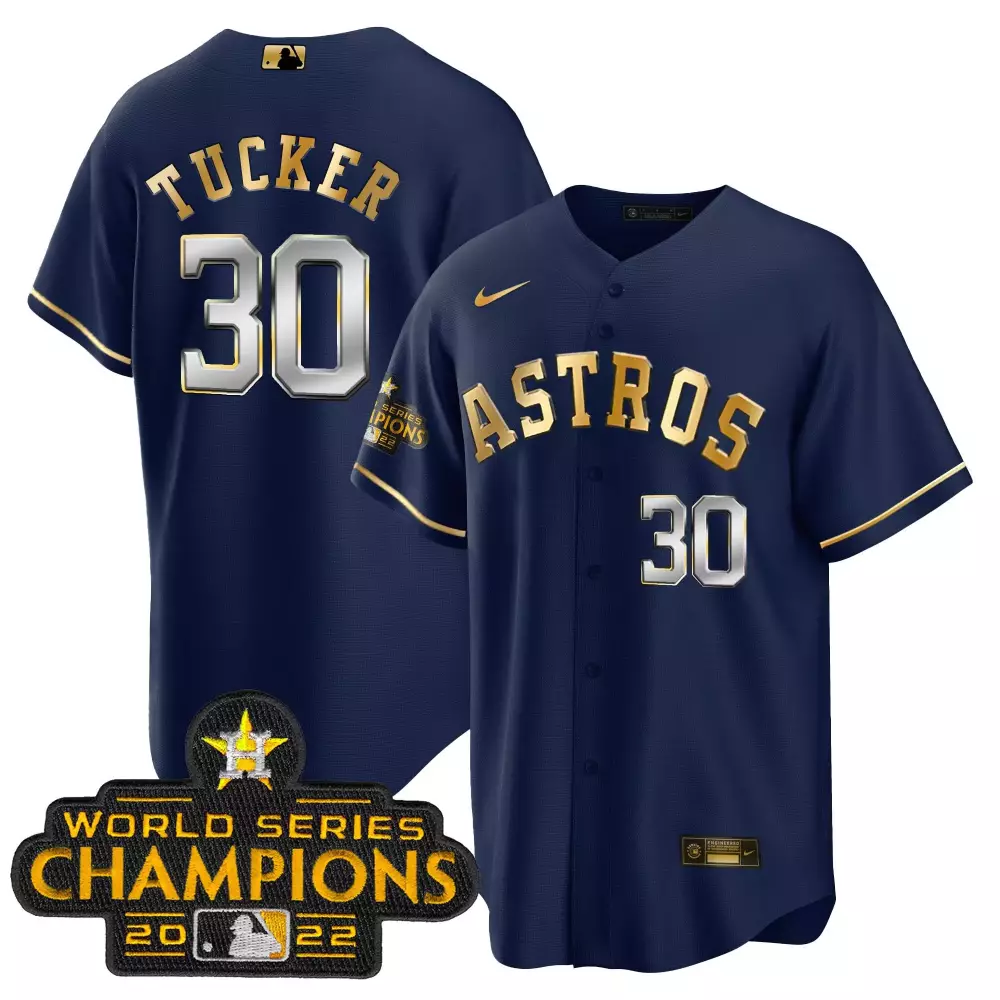 Jos Altuve 30 Astros Jersey Navy 2022 World Series Champions Men Gold Silver Cool