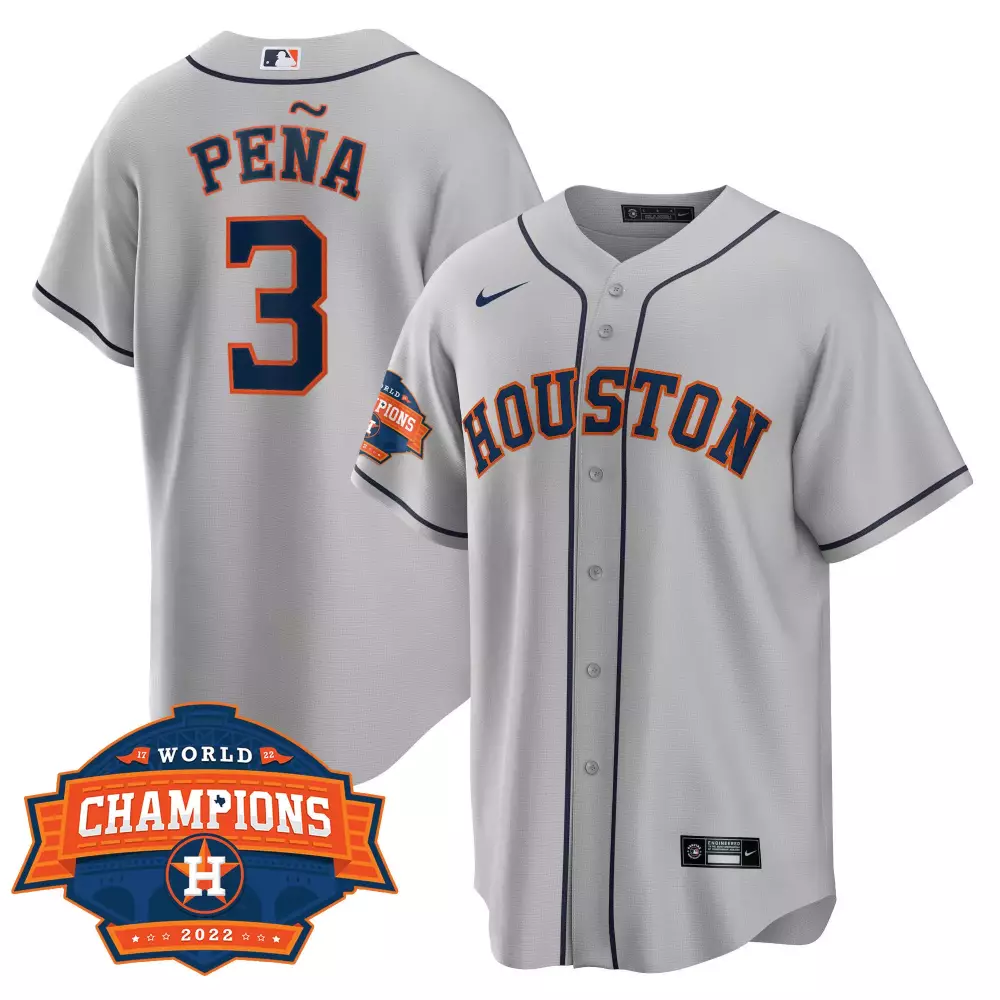 Peña 3 Astros Jersey Gray World Series Champions 2022 Men Navy Blue Orange Flex Base