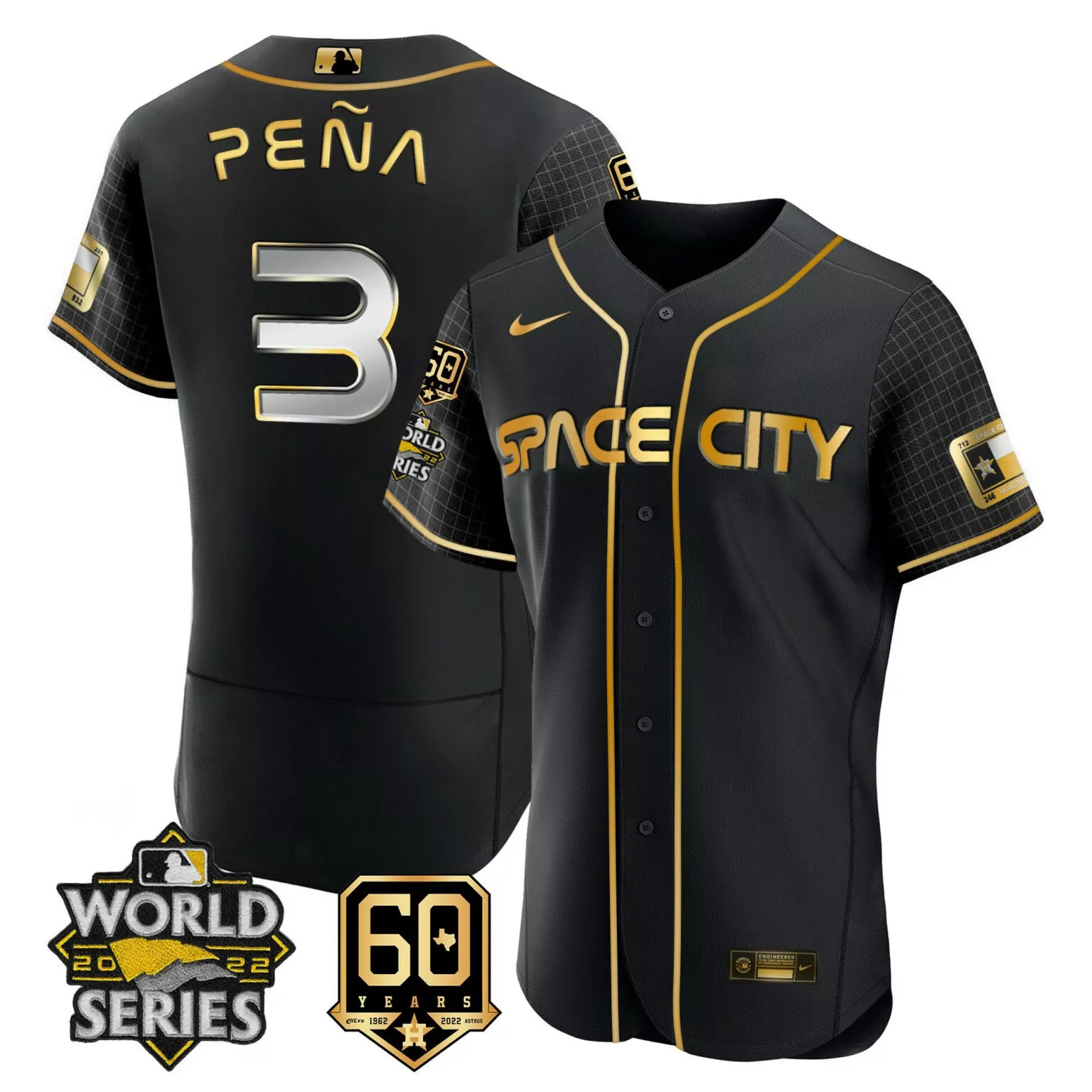 Jeremy Pena 3 Astros Jersey Black World Series 2022 60 Years Men Gold Flex All Stitched