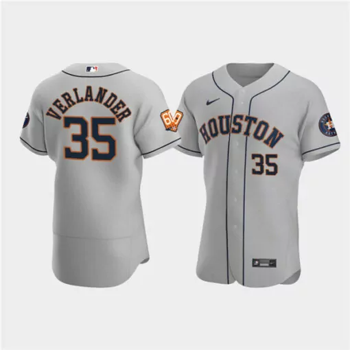 Justin Verlander 35 Astros Jersey Grey 60th Anniversary Men Navy Orange Flex Base