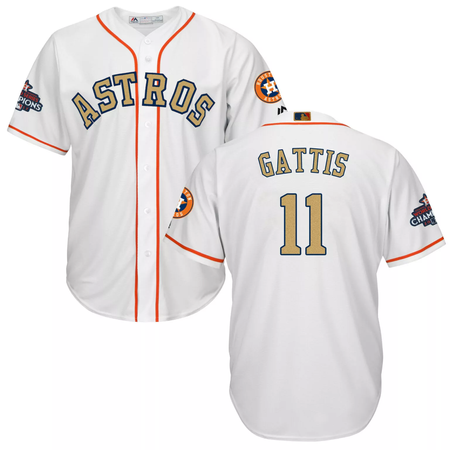 Evan Gattis 11 Astros Jersey White World Series Champions Men Orange Navy Gold Cool