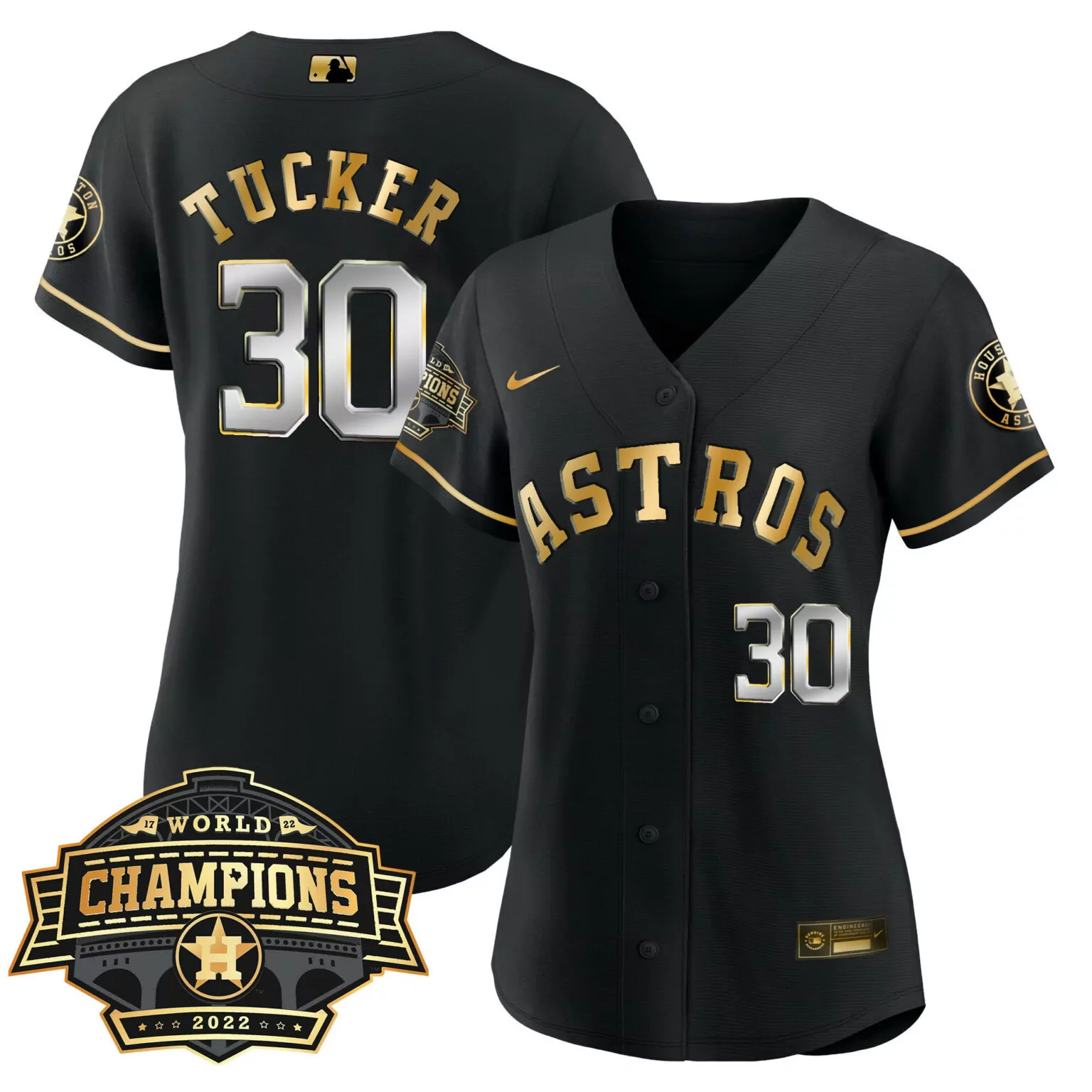 Kyle Tucker 30 Astros Jersey Black World Series Champions 2022 Women Gold Silver