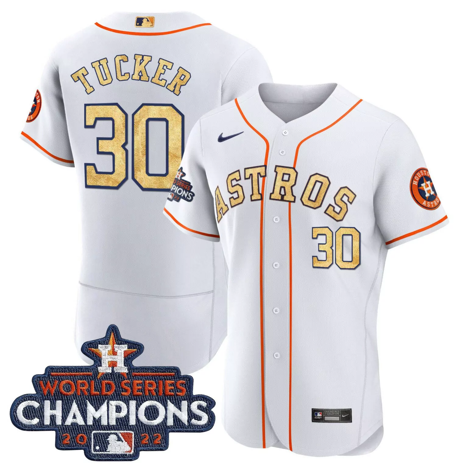 Kyle Tucker 30 Astros Jersey White World Series Champions 2022 Men Orange Gold Flex