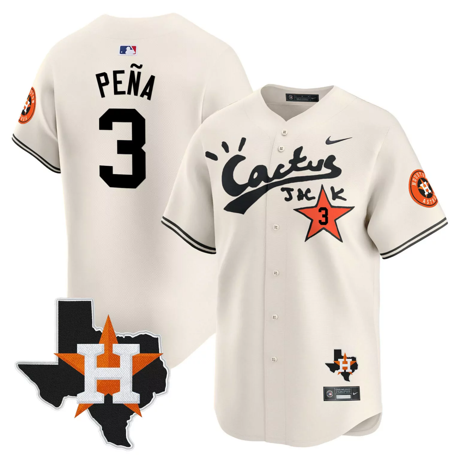 Jeremy Pena 3 Houston Astros Jersey Cream Cactus Jack Texas State Men Black Orange