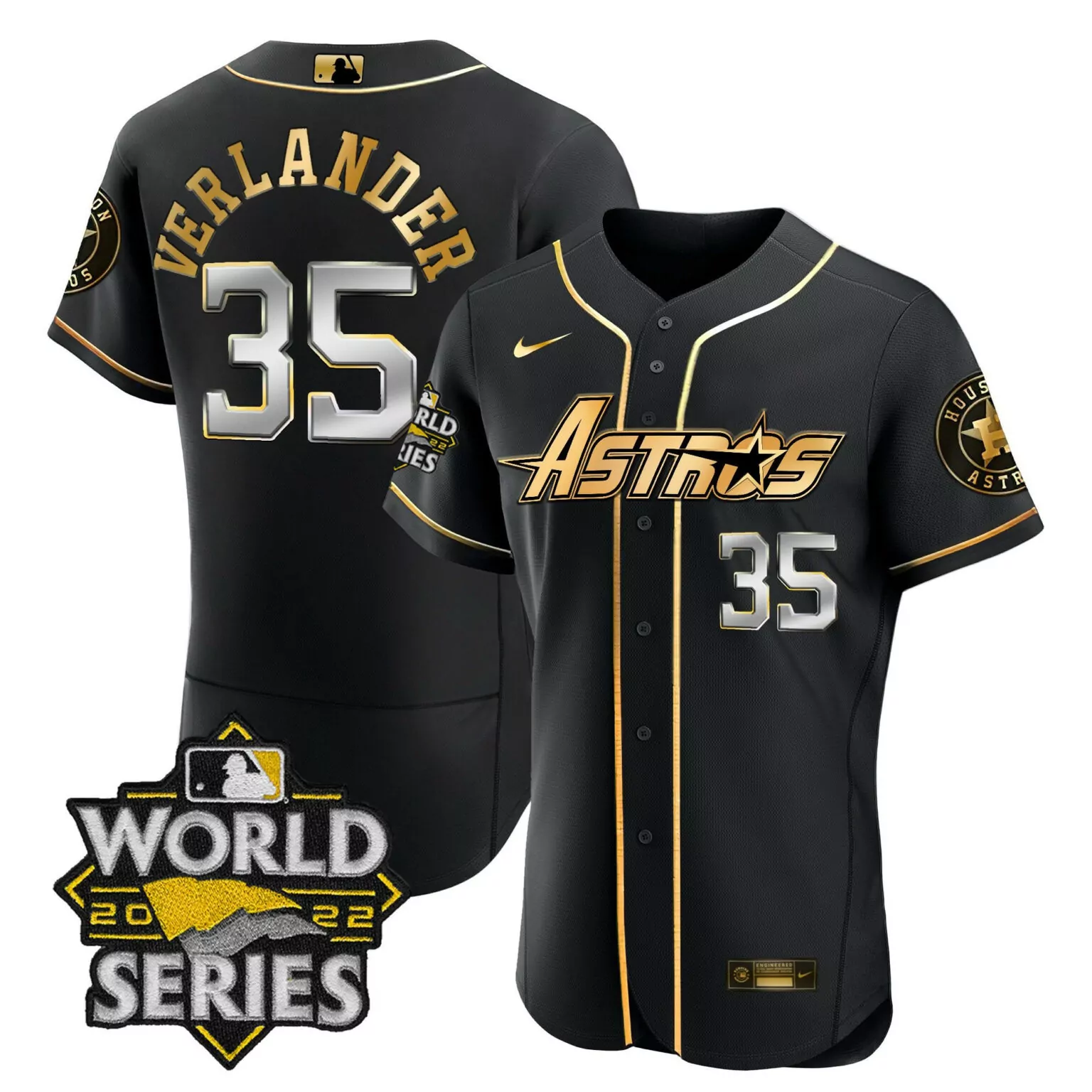 Justin Verlander 35 Astros Jersey Black World Series 2022 Men Gold Silver Flex Throwback