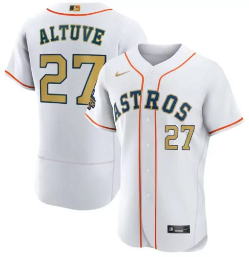 Jose Altuve 27 Astros Jersey White Men Orange Navy Gold Collection