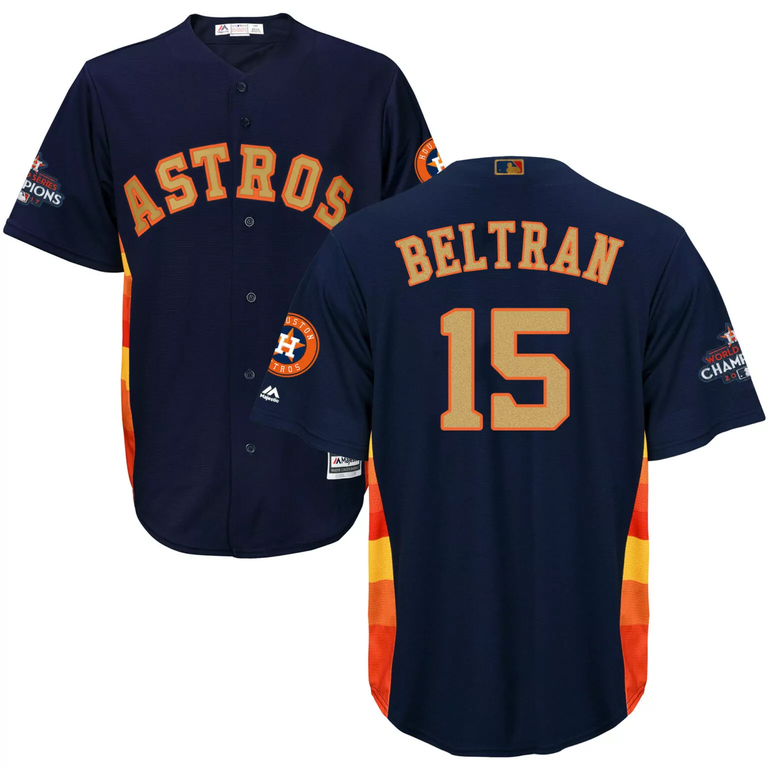Carlos Beltran 15 Astros Jersey Navy World Series Champions 2017 Men Orange Gold