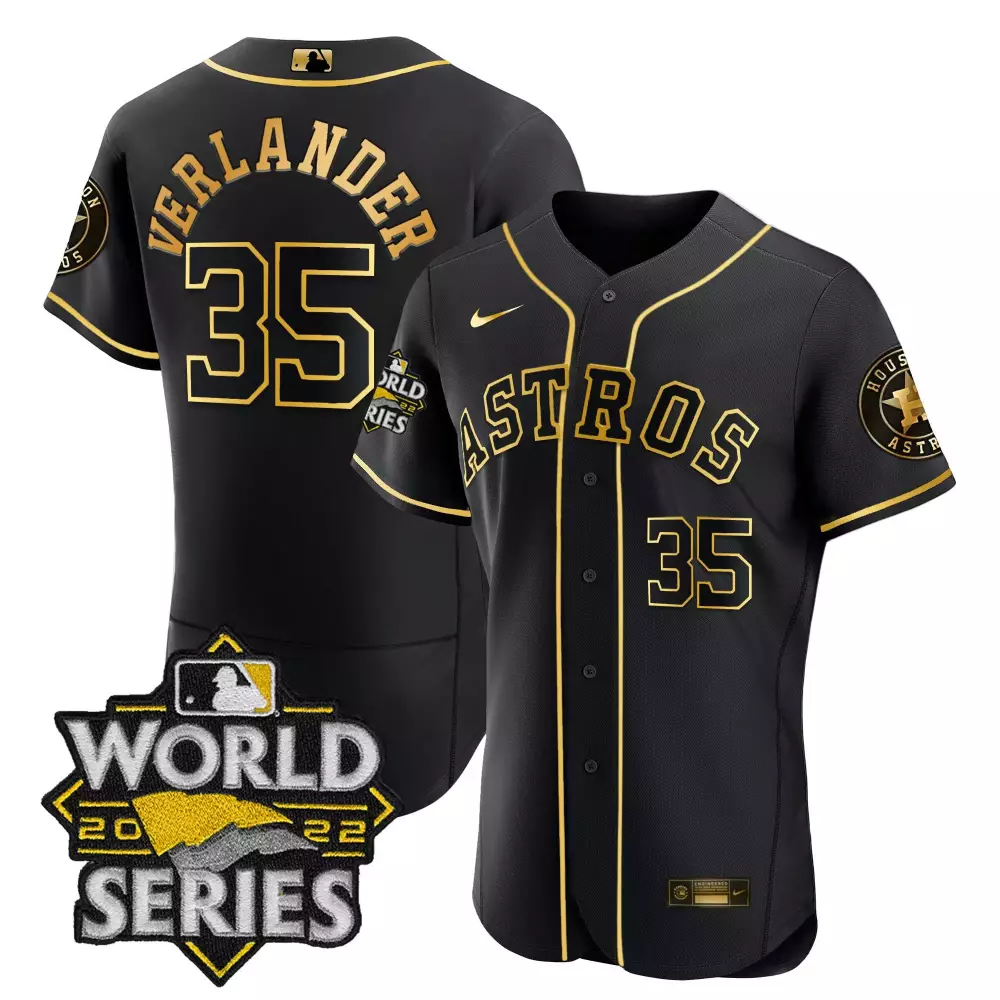 Justin Verlander 35 Astros Jersey Black World Series 2022 Men Gold Flex Limited All