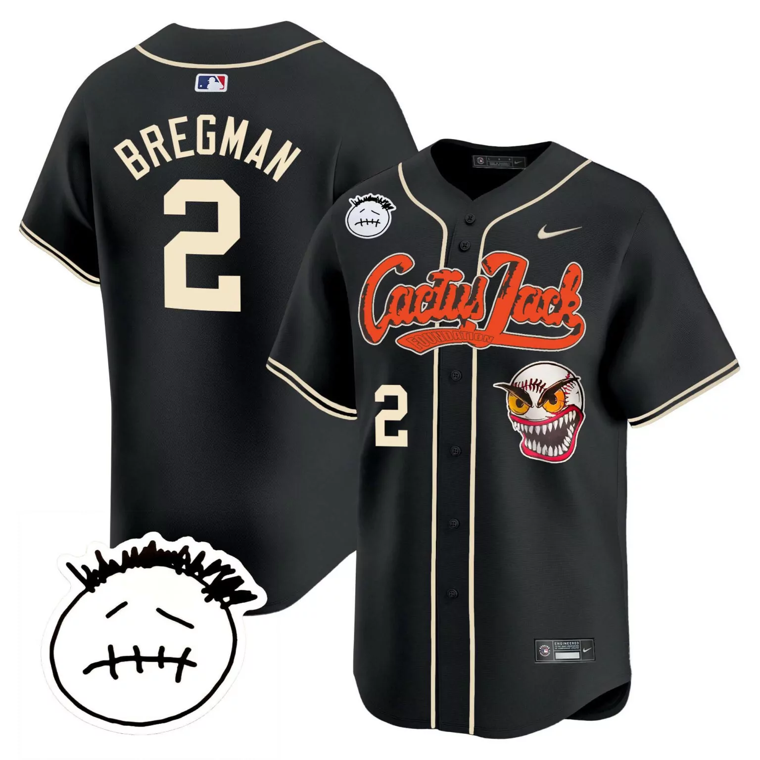 Alex Bregman 2 Cactus Jack Jersey Black Travis Scott Men Cream Orange v3 Stitched