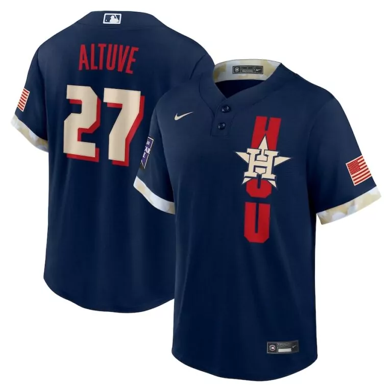 Jose Altuve 27 Houston Astros Jersey Navy Blue City Connect American Flag Men Split Design