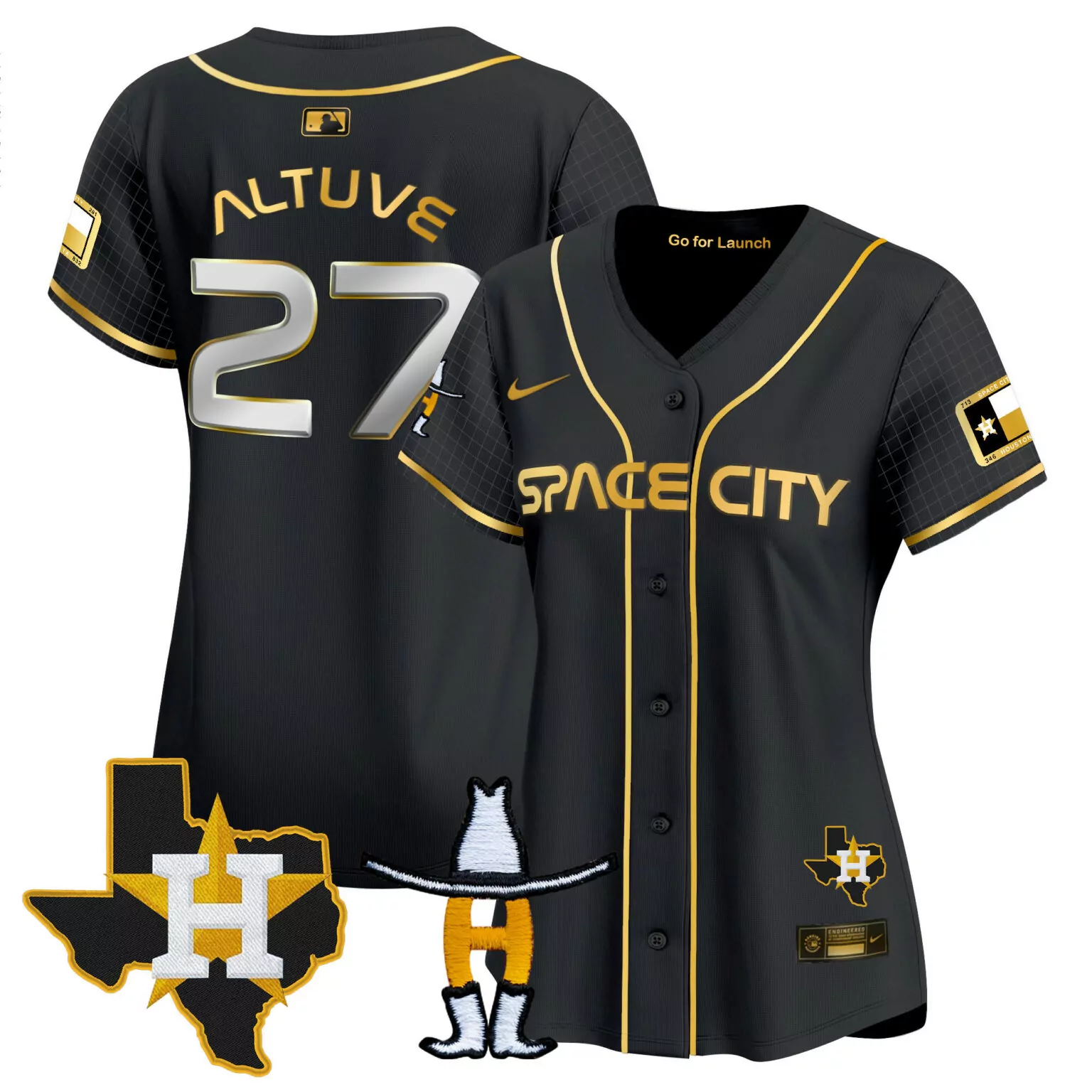 Jose Altuve 27 Houston Astros Jersey Black Space City Texas State Outline Men Gold
