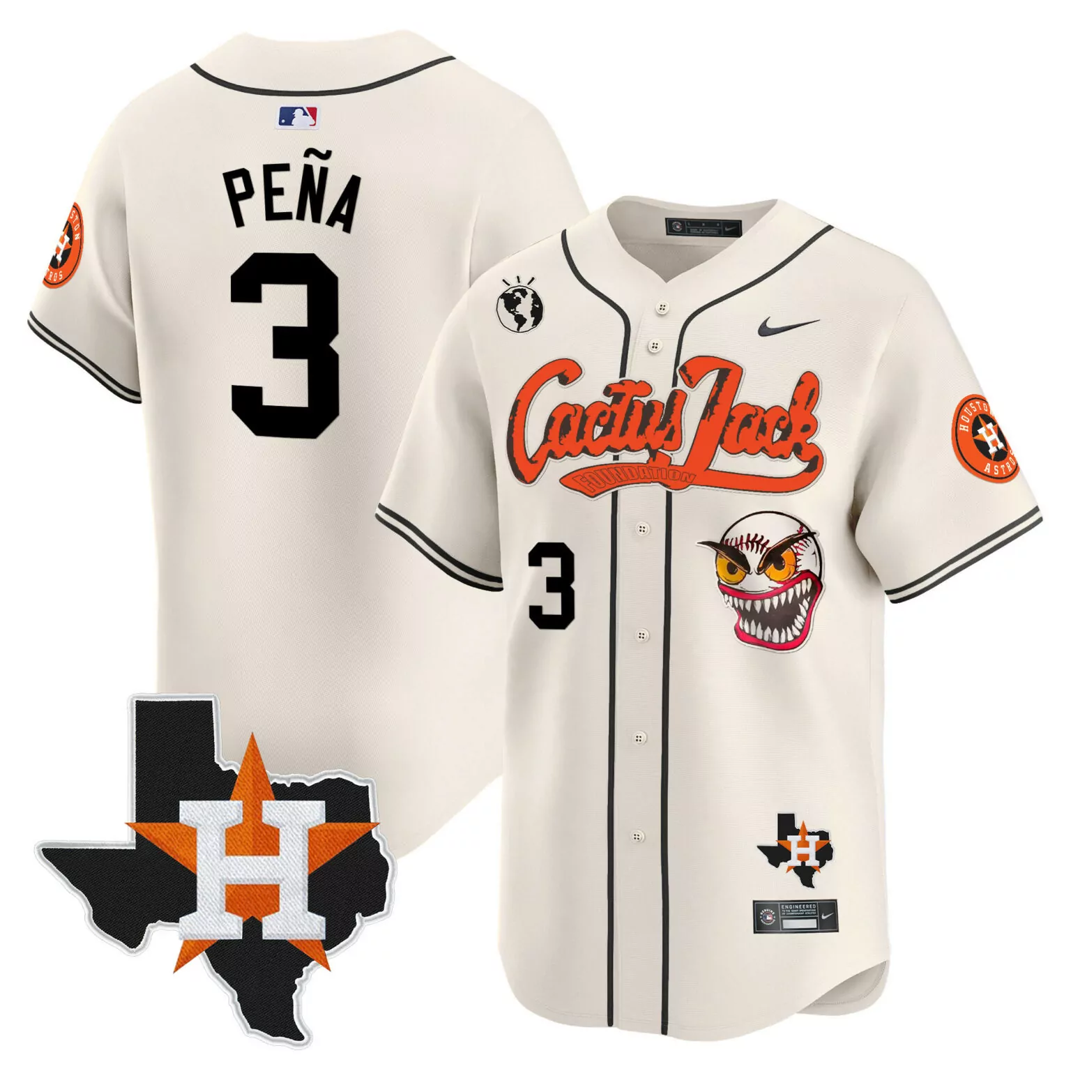 Jeremy Pena 3 Houston Astros Jersey Cream Cactus Jack Map World Globe 2023 Men Alternate