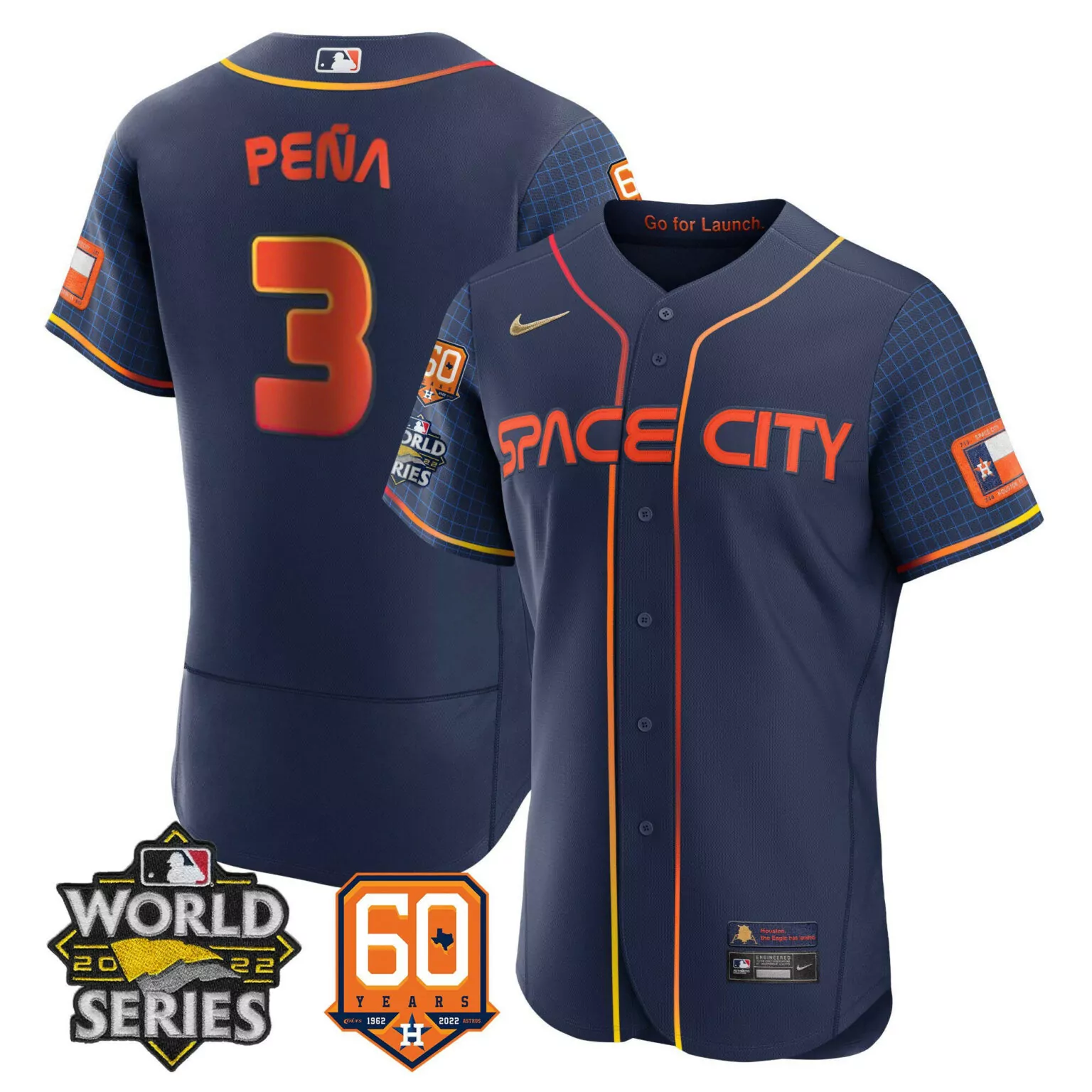 Jeremy Pena 3 Houston Astros Jersey Navy Space City 2022 World Series 60 Years Men