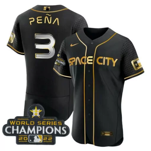 Peña 3 Houston Astros Jersey Black Space City World Series Champions 2022 Men Gold