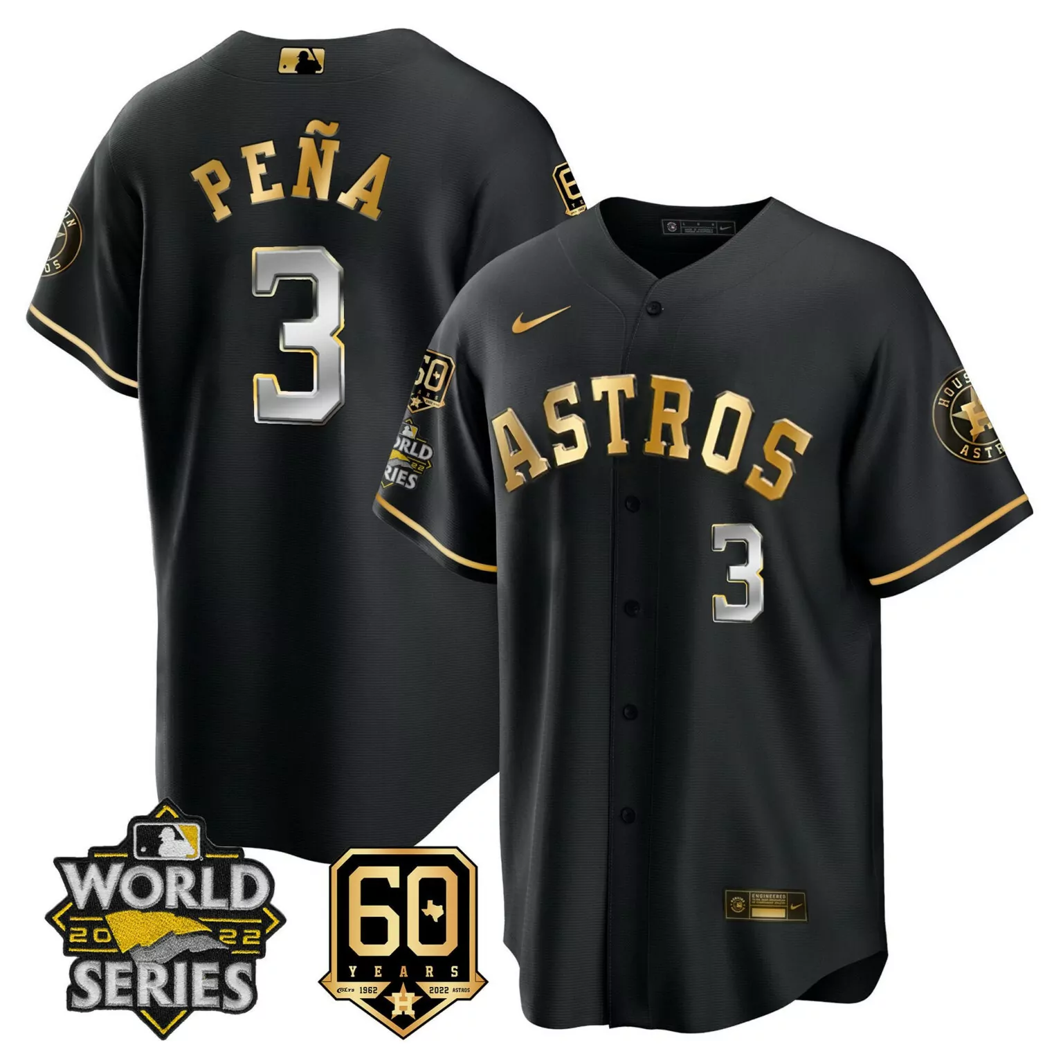 Jeremy Pena 3 Astros Jersey Black World Series 2022 60 Years 1962-2022 Men Gold Silver