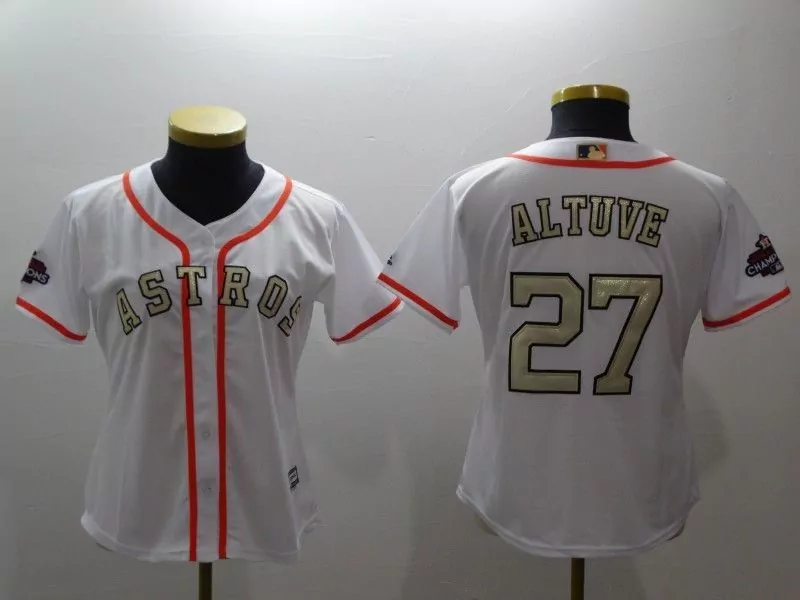 Jose Altuve 27 Astros Jersey White 2017 World Series Champions Men Orange Gold