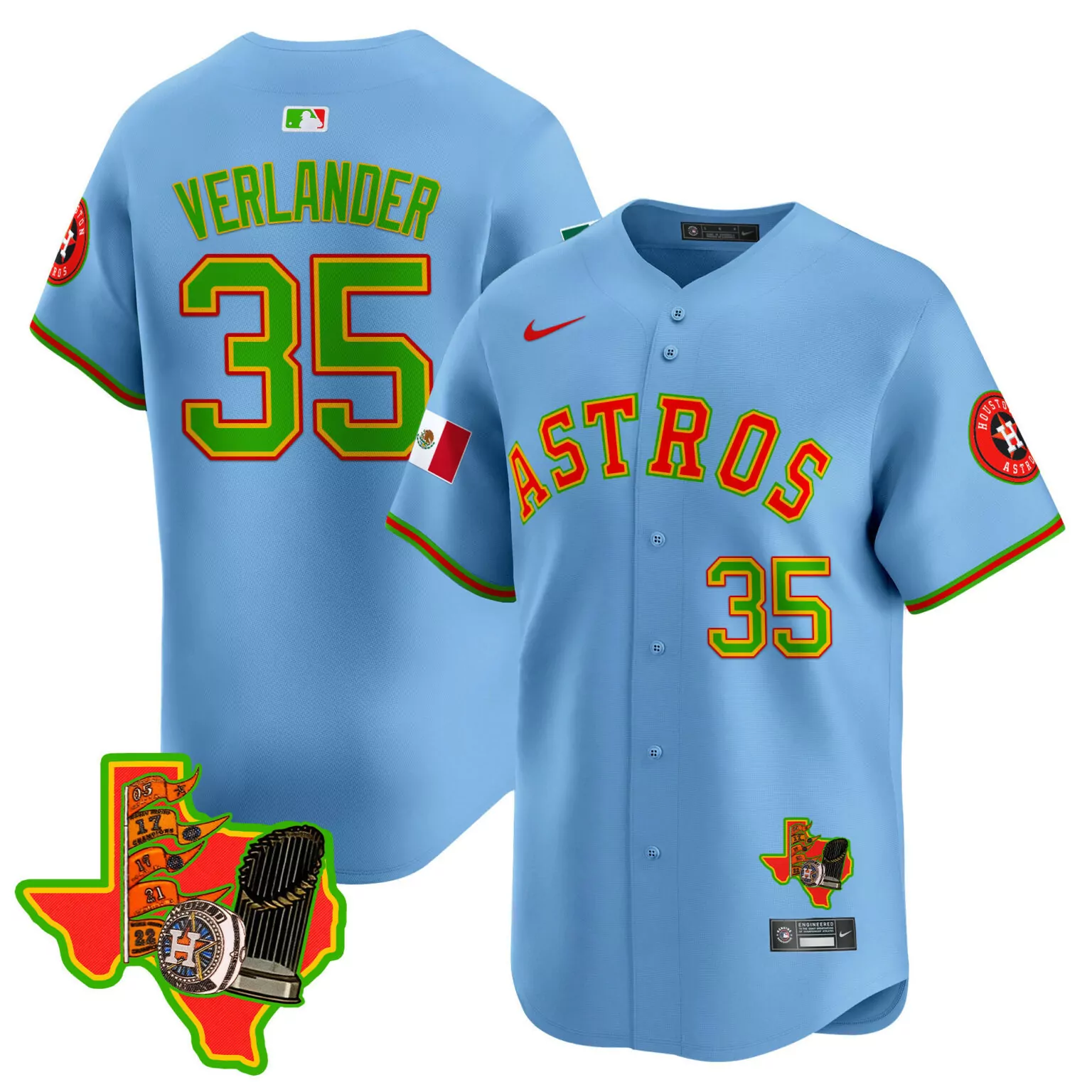Justin Verlander 35 Astros Jersey Light Blue City Connect Mexico Flag Houston Men