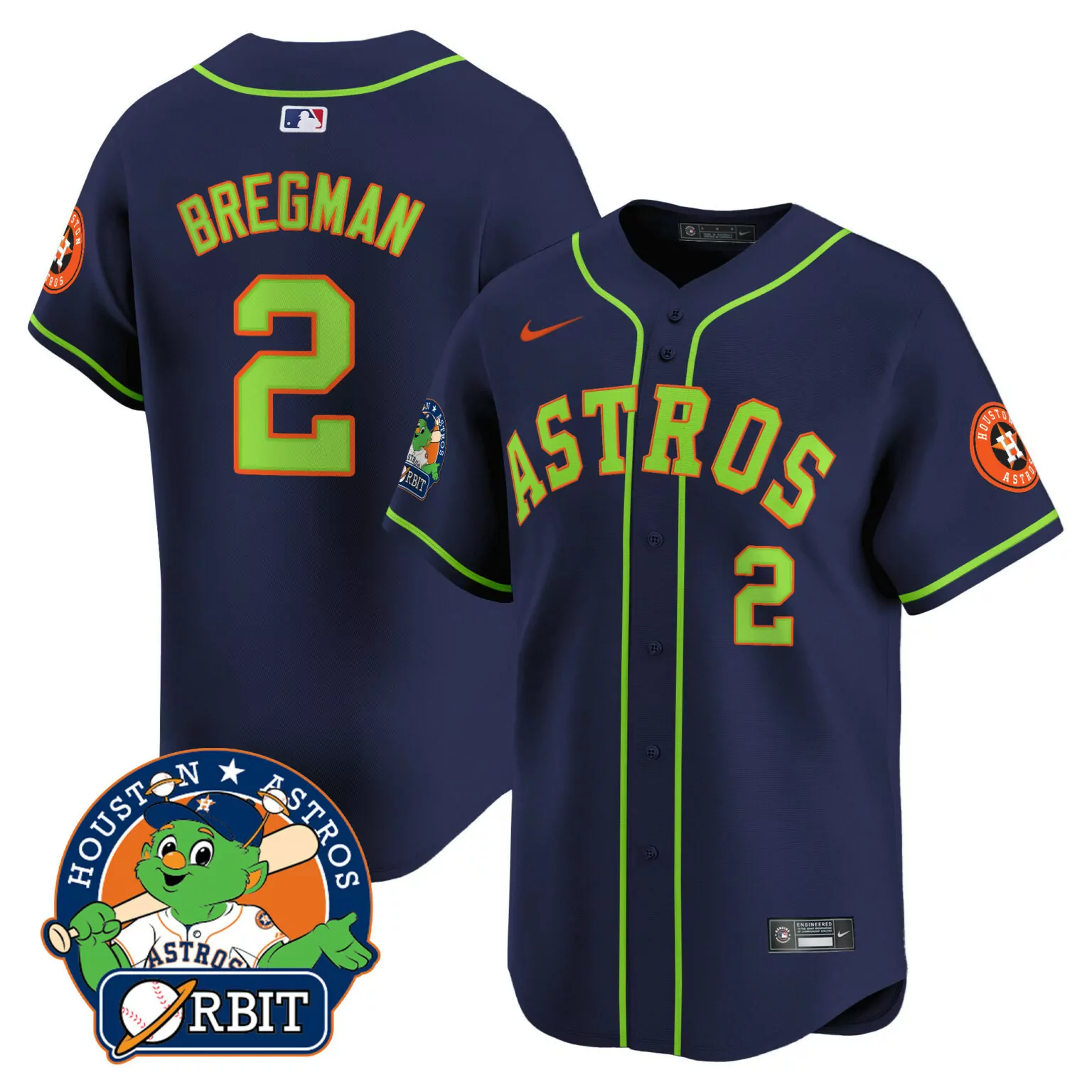 Alex Bregman 2 Astros Jersey Navy Houston Orbit Mascot Men Green Orange v2 All Stitched