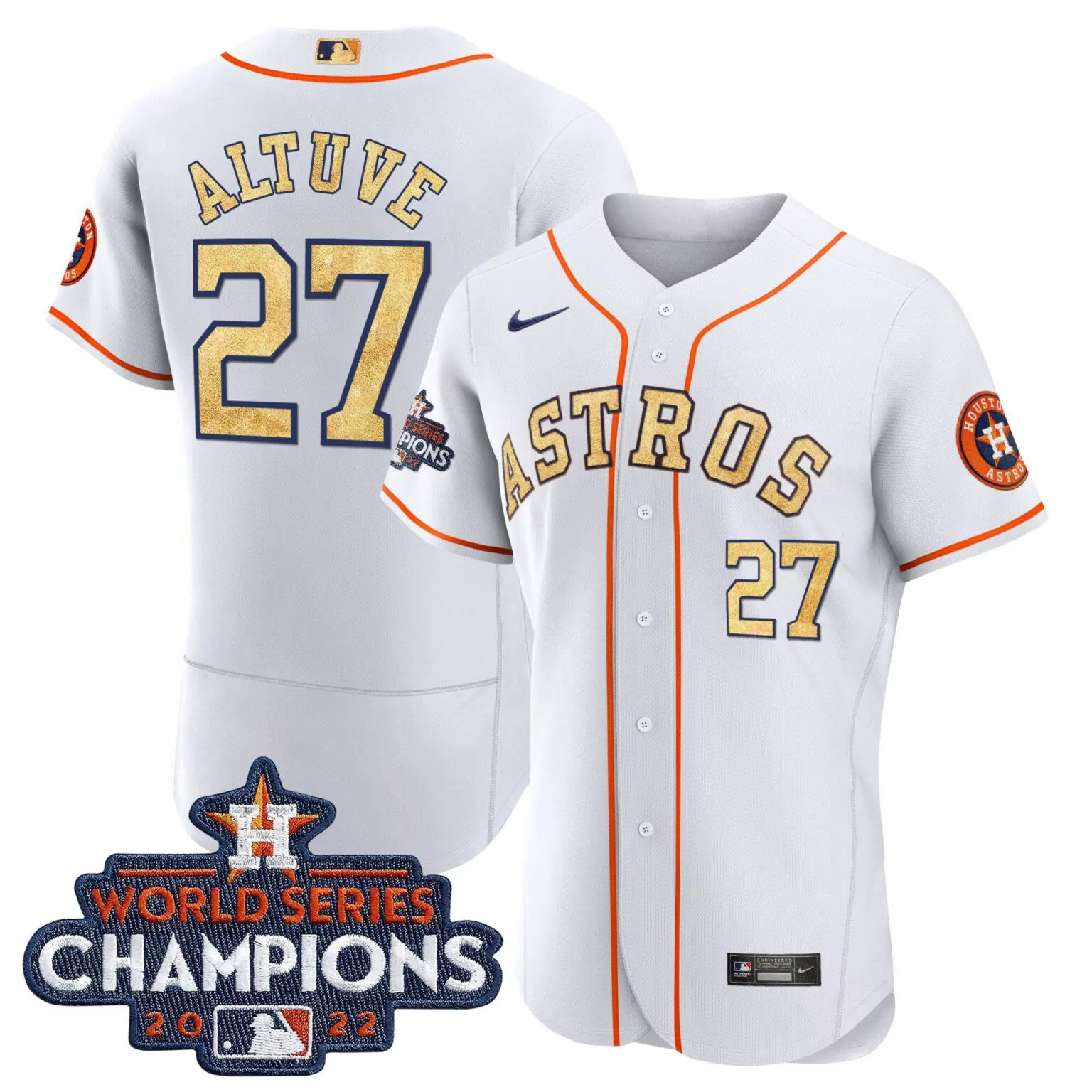 Jose Altuve 27 Astros Jersey White World Series Champions 2022 Men Orange Gold Flex