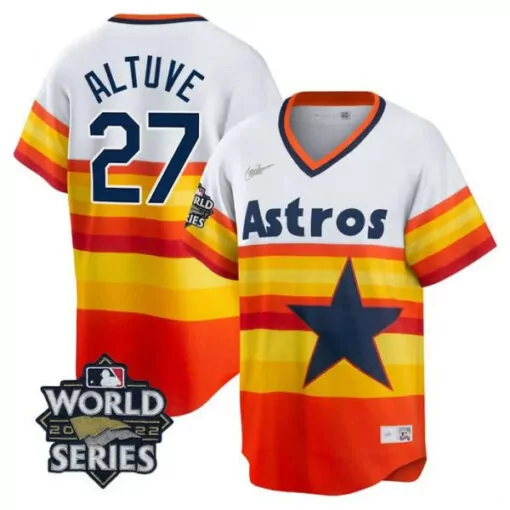 Jose Altuve 27 Astros Jersey White World Series 2022 Men Split Design Orange Yellow