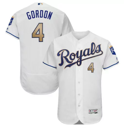 Alex Gordon 4 Royals Jersey White Kansas City Men Blue Gold Flex Base Stitched