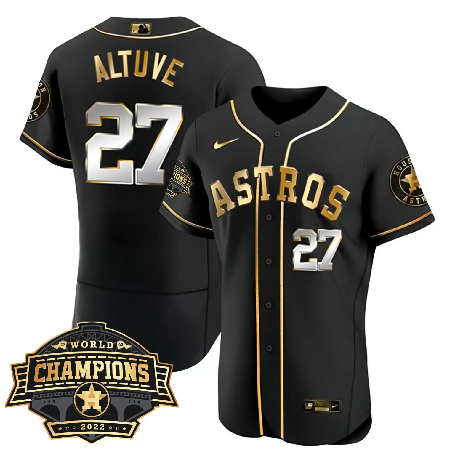 Jose Altuve 27 Astros Jersey Black World Series Champions 2022 Men Gold Silver Flex