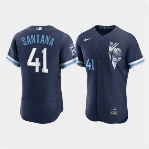Carlos Santana 41 Jersey Navy Blue Kansas City Royals Men Light White Flex Base Stitched