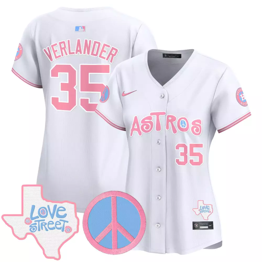 Justin Verlander 35 Astros Jersey White Love Street Peace Symbol Men Pink Vapor Premier